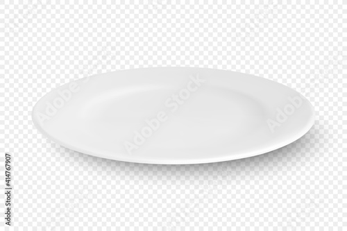 Vector 3d Realistic White Empty Porcelain, Ceramic Plate Icon Closeup Isolated on Transparent Background. Design Template for Mockup. Stock Vector Illustration. Front, Top, Side View