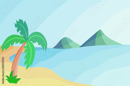 Beautiful Maldives Island with beach, sea, palm, mountains and blue sky for nature vacation background. Luxury tropical holiday concept. Tropical beach with yellow sand peaceful vector illustration.