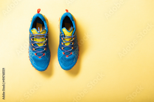 Blue Sneakers Jogging Yellow Background Sneakers Fitness Mat