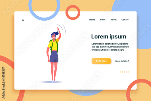 Smiling tourist with backpack waving hand. Casual person outdoors flat vector illustration. Activity, leisure, hobby concept for banner, website design or landing web page.