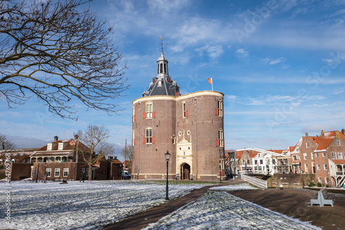 View of the famous historic tower in a sunny winter day in the city of Enkhuizen