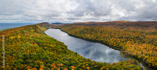 Beautiful autumn day at Lake of the Clouds at the Porcupine Mountains Wilderness State Park in the Michigan Upper Peninsula - Lake Superior beyond