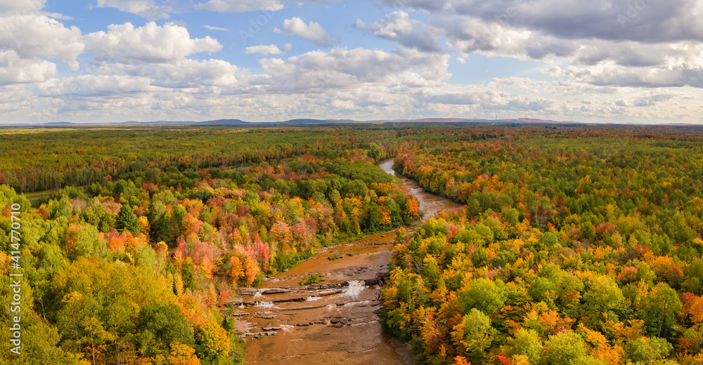Aerial view of Bonanza Falls during Autumn on the Big Iron River -  near Silver City and Porcupine Mountains Wilderness State Park - Michigan Upper Peninsula