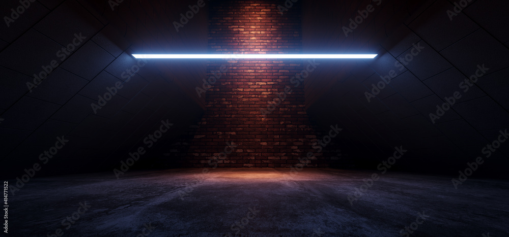 Obraz premium Neon Blue Orange Sci Fi Futuristic Brick Laser Led Light Electric Cyber Retro Realistic Club Concrete Cement Asphalt Hallway Corridor Tunnel Underground Alien Spaceship 3D Rendering