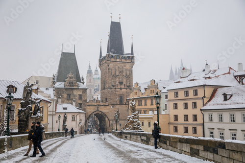 Photography Charles Bridge landmark looking towards Lesser Town with bridge tower, Baroque C