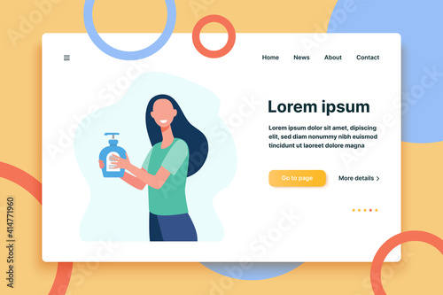 Smiling woman holding bottle with sanitizer. Virus, pandemic, health flat vector illustration. Disinfection and hygiene concept for banner, website design or landing web page