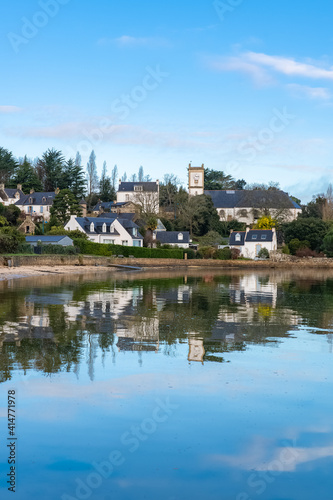 Brittany, Ile aux Moines island in the Morbihan gulf, the church and the Port-Miquel beach, beautiful light 