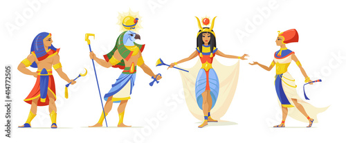 Egyptians myths heroes set. Pharaoh, god Ra, Cleopatra characters isolated on white. Vector illustrations for ancient Egypt culture, mythology, history concept