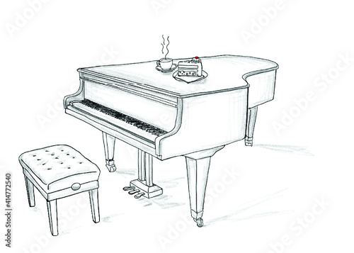 Grand Piano drawing with hot coffee or tea cup and cake