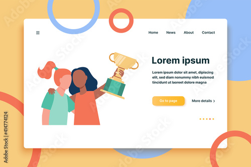Two tiny girls winning prize in competition. Cup, victory. Flat vector illustration. Contest concept can be used for presentations, banner, website design, landing web page