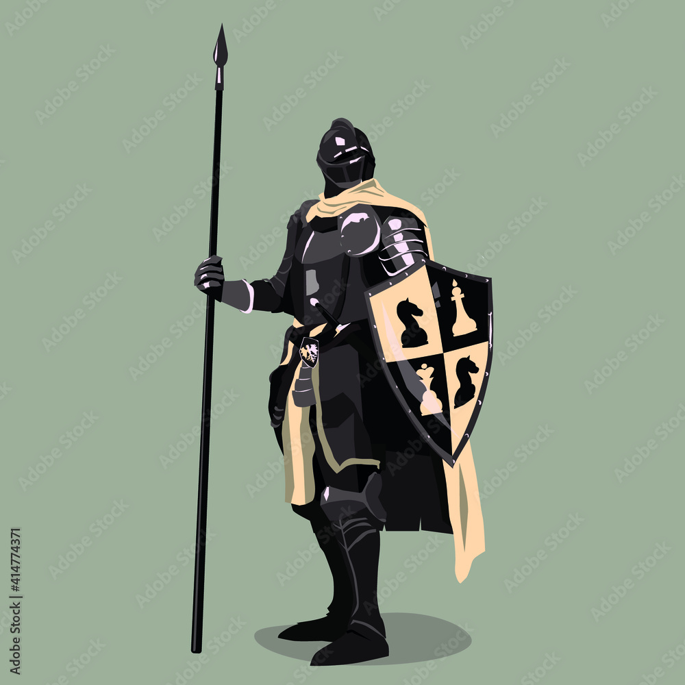 Vector drawing of a medieval knight in brown armor and a white cloak with chess on a shield.