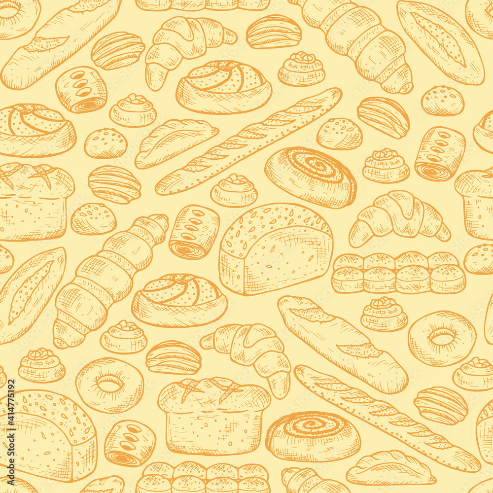 Grain products. Hand drawn Bread. Seamless background with bakery
