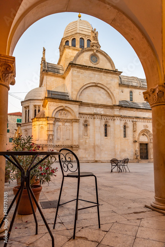 Sunrise view of the Saint James cathedral in Sibenik, Croatia photo