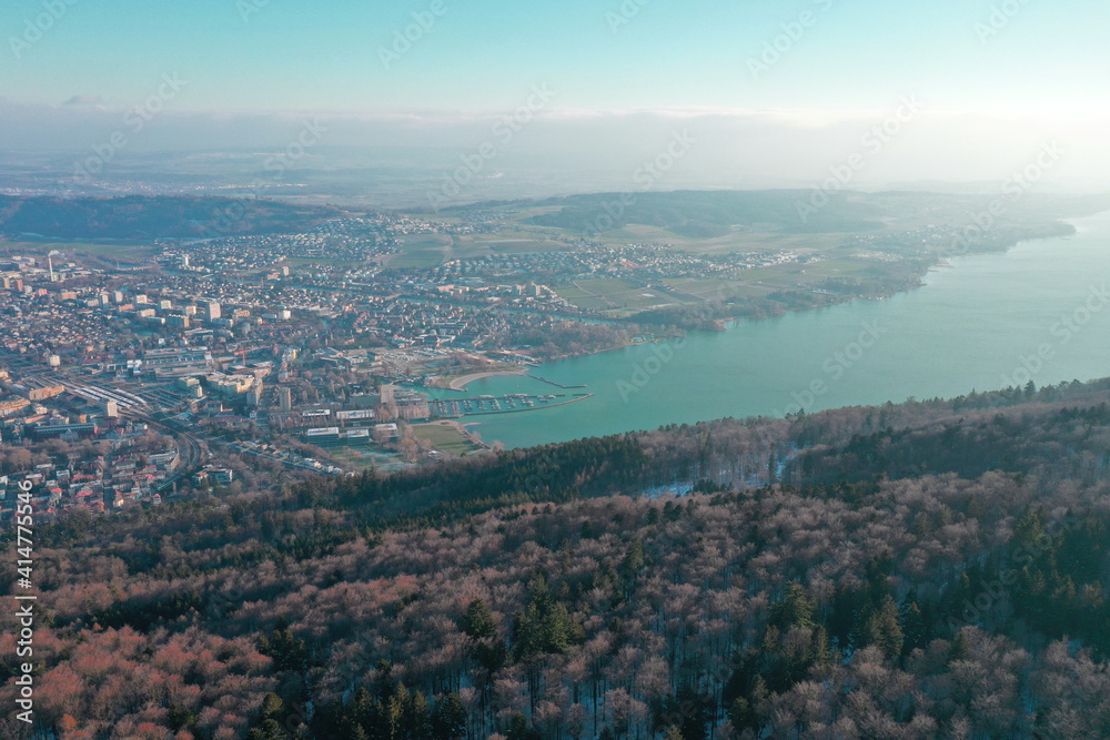 Aerial view with the lake in the background 
