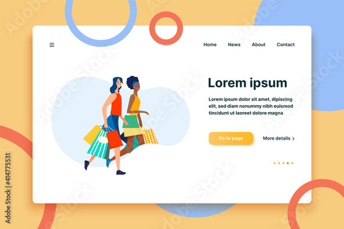 Positive female friends walking with shopping bags. Multiracial women, shoppers, customers flat vector illustration. Offline stores, friendship concept for banner, website design or landing web page
