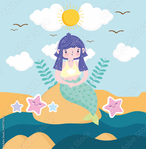 Cute Mermaid sitting on sand beach and stars