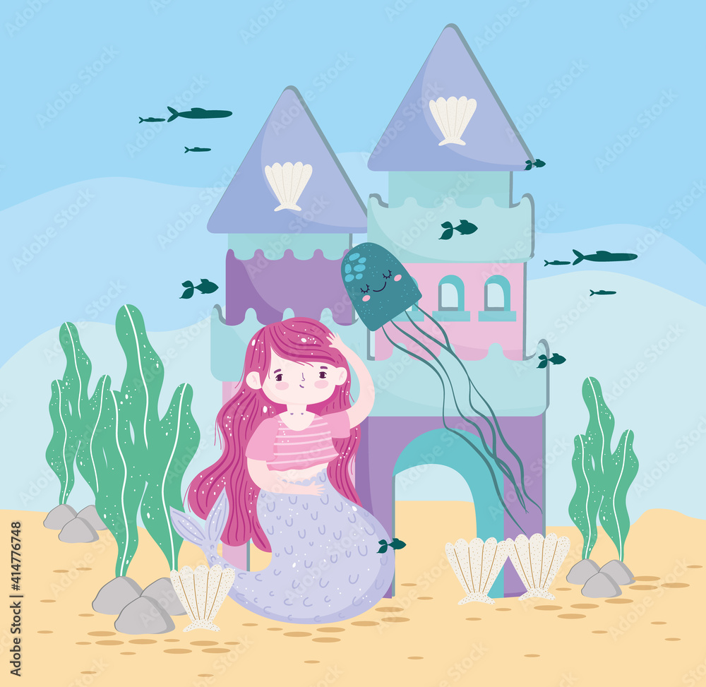 Mermaid with castle jellyfish fishes on the sea