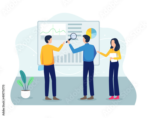 Analyze graphs and data. Analyze progress, Teamwork and startup concept. Analyze project and work progress, Concept of business workflow. Vector illustration in a flat style