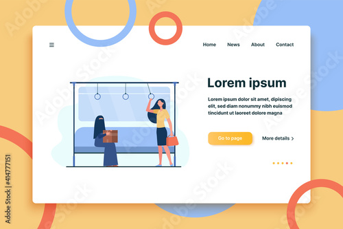 Train passenger standing in carriage near  woman with box. Arabian, abaya, niqab. Flat vector illustration. Terrorism, diversity problem concept for banner, website design or landing web page