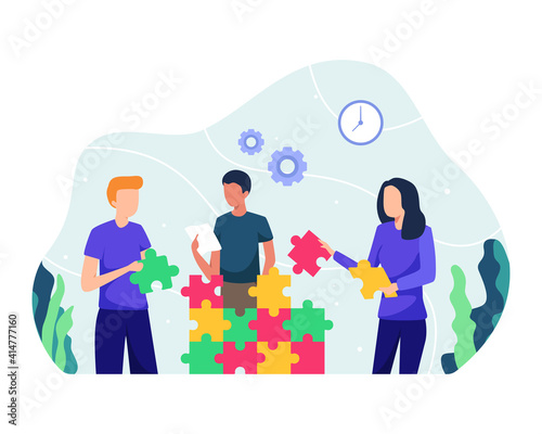 Start strategizing concept illustration. Collaborate to build something creative, Teamwork and startup concept. Men and women work together and brainstorm find idea and solution. Vector in flat style