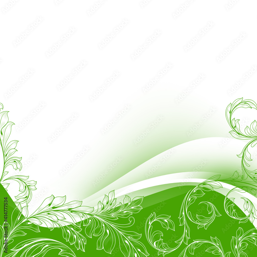 Elegant green and white background with swirls and little leaves and space for your text. Spring illustration. Elegant green and white background with swirls and little leaves and space for your text. Spring illustration.