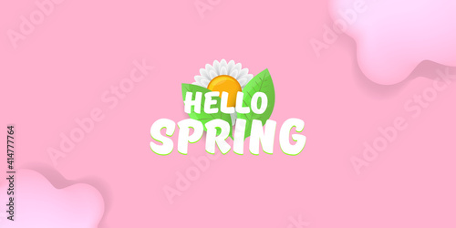 vector hello spring pink horizontal banner with text and flowers on soft pink sky background with pink clouds. hello spring slogan or label isolated on pink background