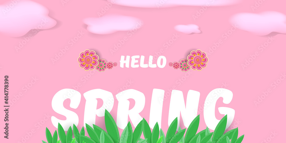 vector hello spring pink horizontal banner with text and flowers on soft pink sky background with pink clouds. hello spring slogan or label isolated on pink background vector hello spring pink horizontal banner with text and flowers on soft pink sky background with pink clouds. hello spring slogan or label isolated on pink background