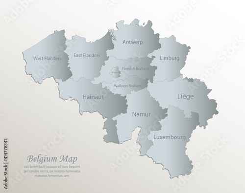 Belgium map, administrative division with names, white blue card paper 3D vector