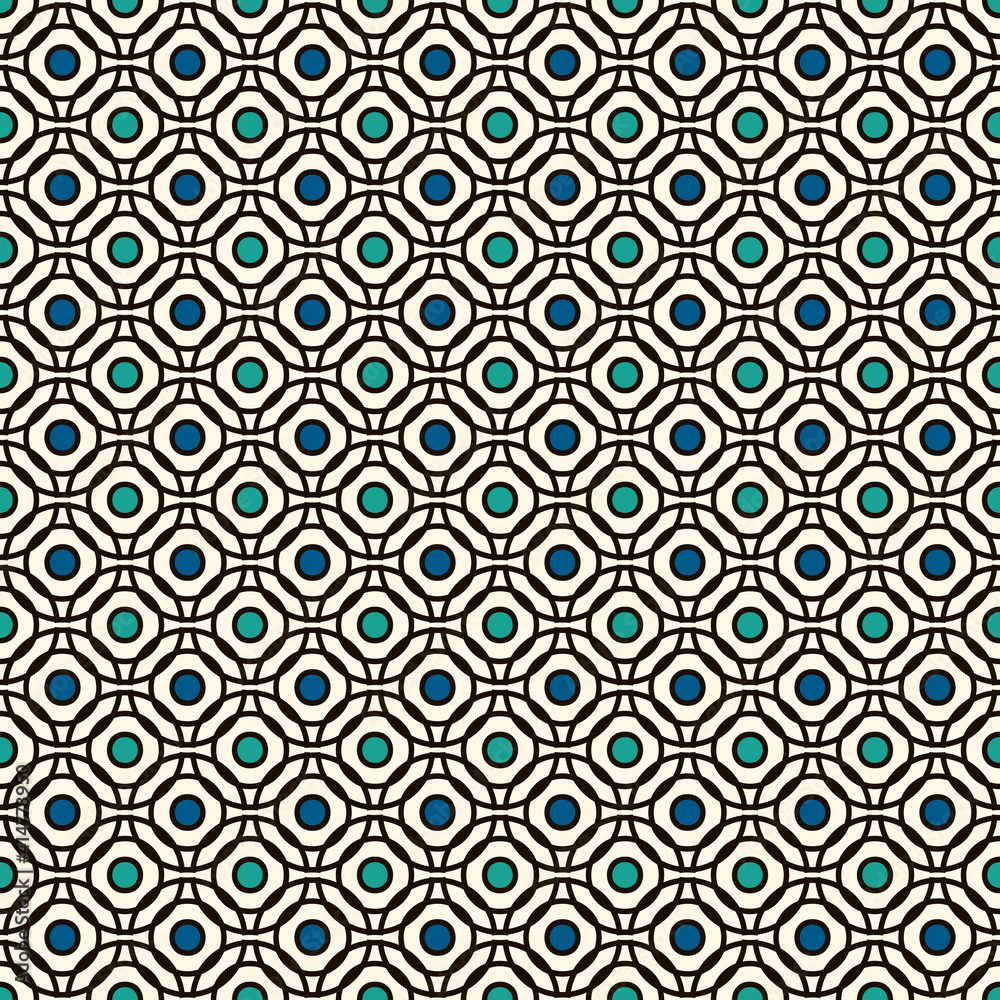 Blue colors seamless pattern with repeated overlapping circles. Round links chain motif. Geometric abstract background