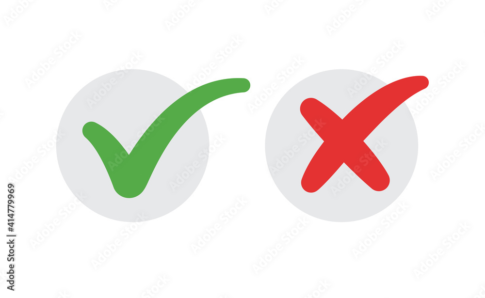 Check mark icons. Green tick and red x. Symbols of approval. Check mark icons. Green tick and red x. Symbols of approval.