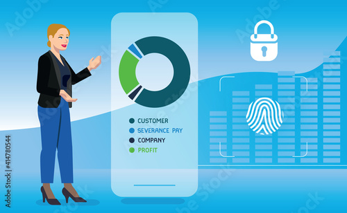 woman consultant advises a managed savings service using a mobile phone application, looking at the savings profits through a pie chart, with the security of the client's personal account