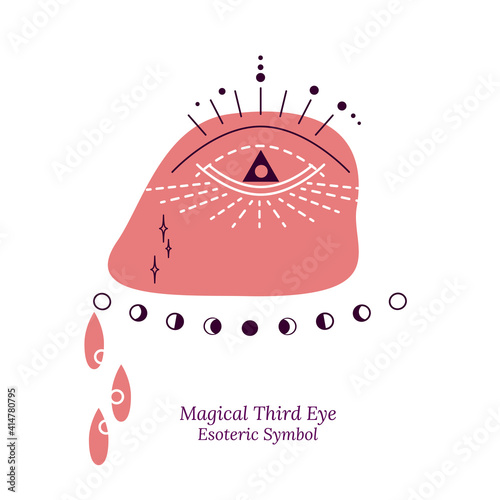 Abstract image of magical third eye, symbol of soul in esoteric science. Illustration of magic session, look into future, connection with universe. Vector drawing for tarot cards, social pages, groups
