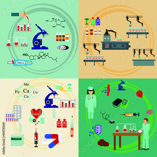 Production of medicine and vitamin with pharmaceutical industry symbols flat isolated vector illustration