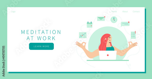 Businesswoman Meditate, Practicing Yoga at Workplace Sitting in front of laptop with calendar, clock, email, text message, documents on background. Office worker or freelancer relaxes landing page