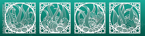 Set of laser cut emplates.  Nautical wall art panels for home interior decor, underwater sea world design with seashells. Cnc cutting stencil.  Vector illustration