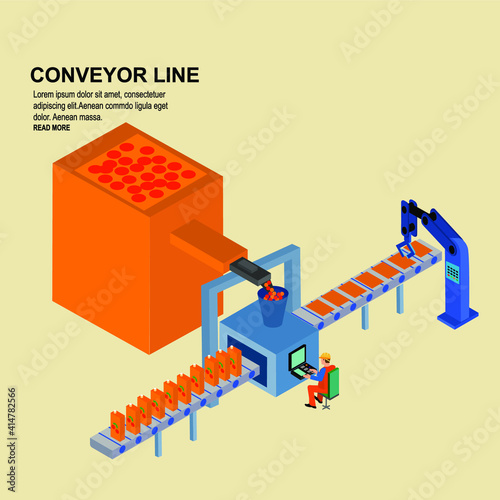 Isometric set mechanical equipment metal processing machines and human operator characters vector illustration