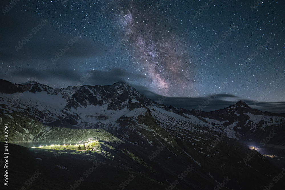 The Top of Mount Adamello Illuminated by the Milky Way and the Stars, Adamello Park, Valcamonica, Lombardy, Italy 