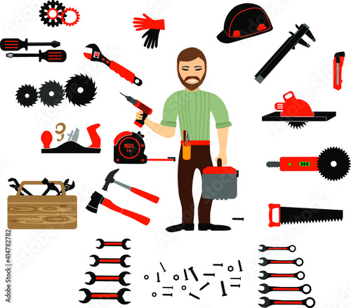 Stock vector illustration set isolated icons building tools repair, construction buildings, drill, hammer, screwdriver, saw, putty knife, ruler, helmet, roller, brush, tool box.