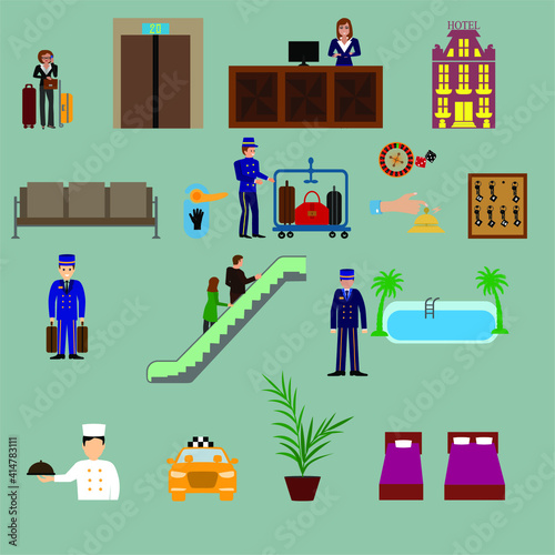 Flat vector design elements of hotel service set-reception, reservation, morning call, cleaning,concierge and shuttle bus for web and mobile application.
