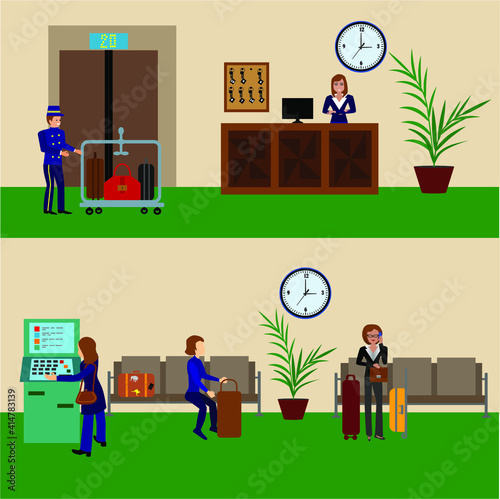 Flat vector design elements of hotel service set-reception, reservation, morning call, cleaning,concierge and shuttle bus for web and mobile application.