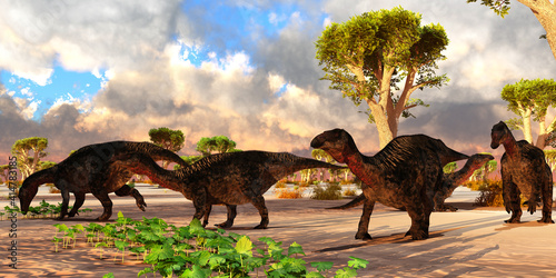 Lurdusaurus Dinosaur Herd - A cloudy day finds a Lurdusaurus dinosaur herd resting and eating vegetation in Africa during the Cretaceous Period.