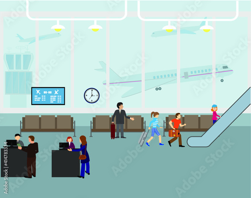 People at airport vector travel activities. vector interior of airport check-in, waiting hall, Security gates, ticket office, baggage caro.