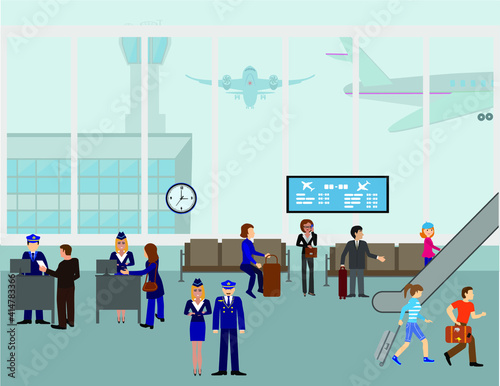 People at airport vector travel activities.  vector interior of airport check-in, waiting hall, Security gates, ticket office, baggage caro.