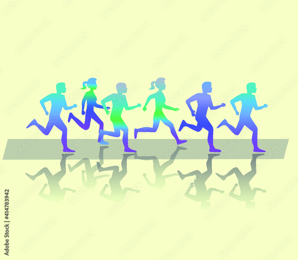 Group of People Running in City Public Park. Different Sex, Age, Shape Characters. Trendy Gradient Flat Style Vector Illustration