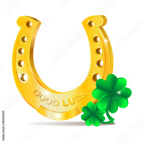 Tablou Canvas Golden horseshoe with clover. Good luck symbols