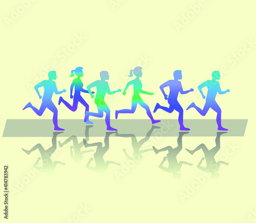 Group of People Running in City Public Park. Different Sex  Age  Shape Characters. Trendy Gradient Flat Style Vector Illustration