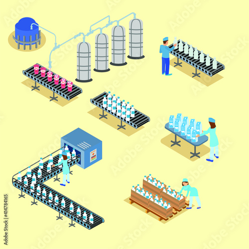 Agriculture and Farming in rural landscape scene design. natural and organic dairy farm. Vector illustration. production stages and processing of milk from a dairy farm to table.