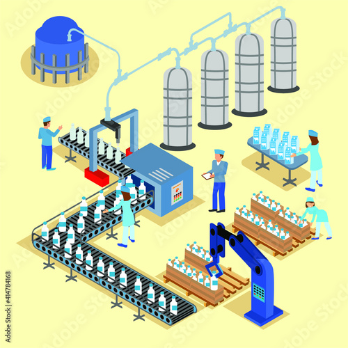 Agriculture and Farming in rural landscape scene design. natural and organic dairy farm. Vector illustration. production stages and processing of milk from a dairy farm to table.