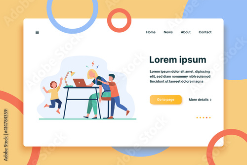 Tired mom working at laptop at home. Active kids bothering freelance mother flat vector illustration. Motherhood, lockdown, distance work concept for banner, website design or landing web page