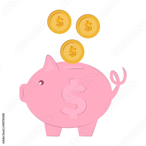 Piggy bank with coins. Vector illustration in flat style. Concept of saving or accumulating money, investment. Banking and business services concept